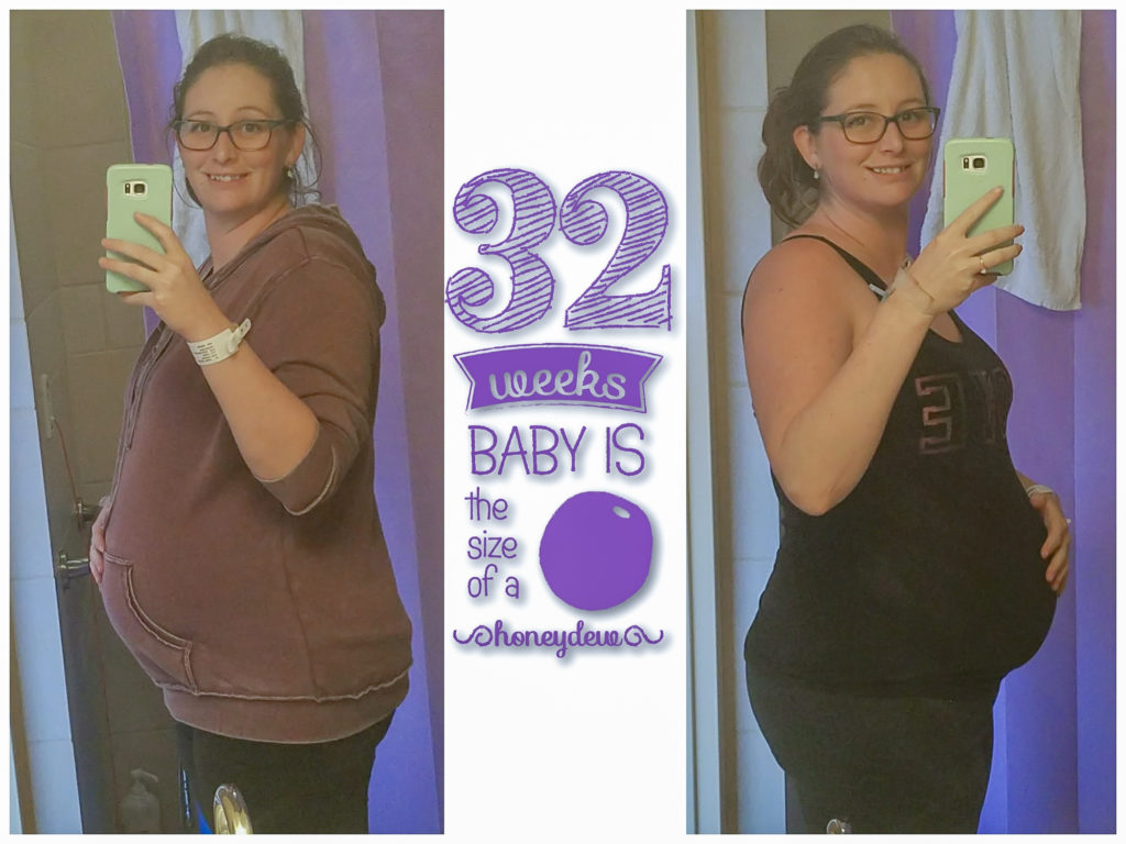side by side photos of the pregnant author in the hospital with the words "32 weeks - baby is the size of a honeydew."