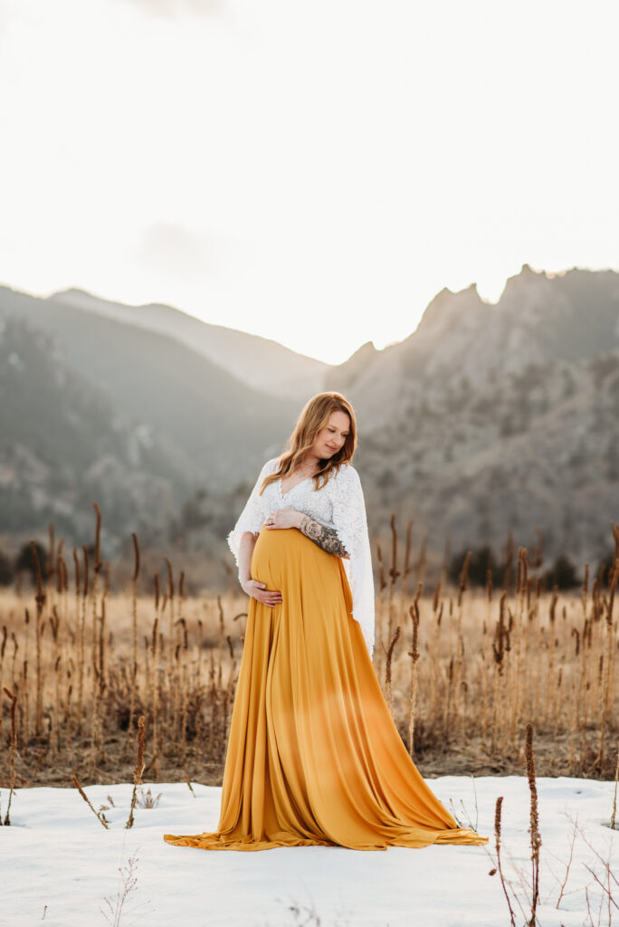 Epic maternity photography in Boulder Colorado. Yellow skirt maternity photo.