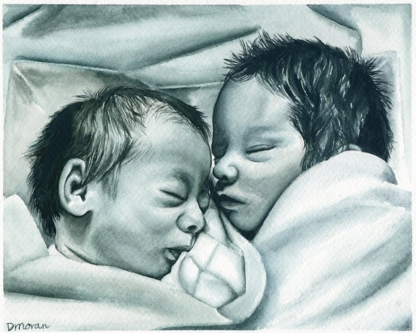 watercolor version of Kylie Bree Photography's twins in the NICU at Avista Hospital Colorado