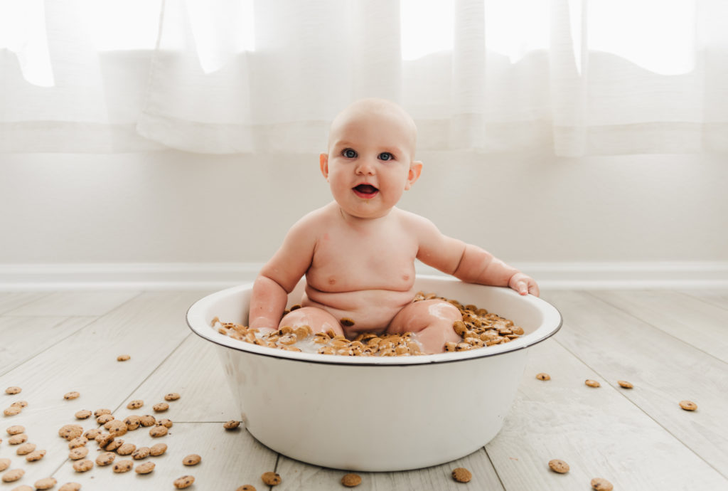 At home milk bath 6 months cookies and milk photoshoot.