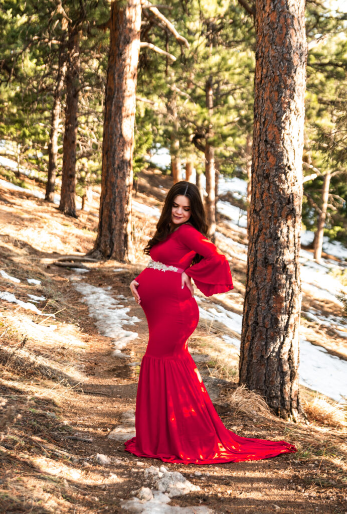 Red Maternity dress in mountains - Longmont Colorado maternity photographer