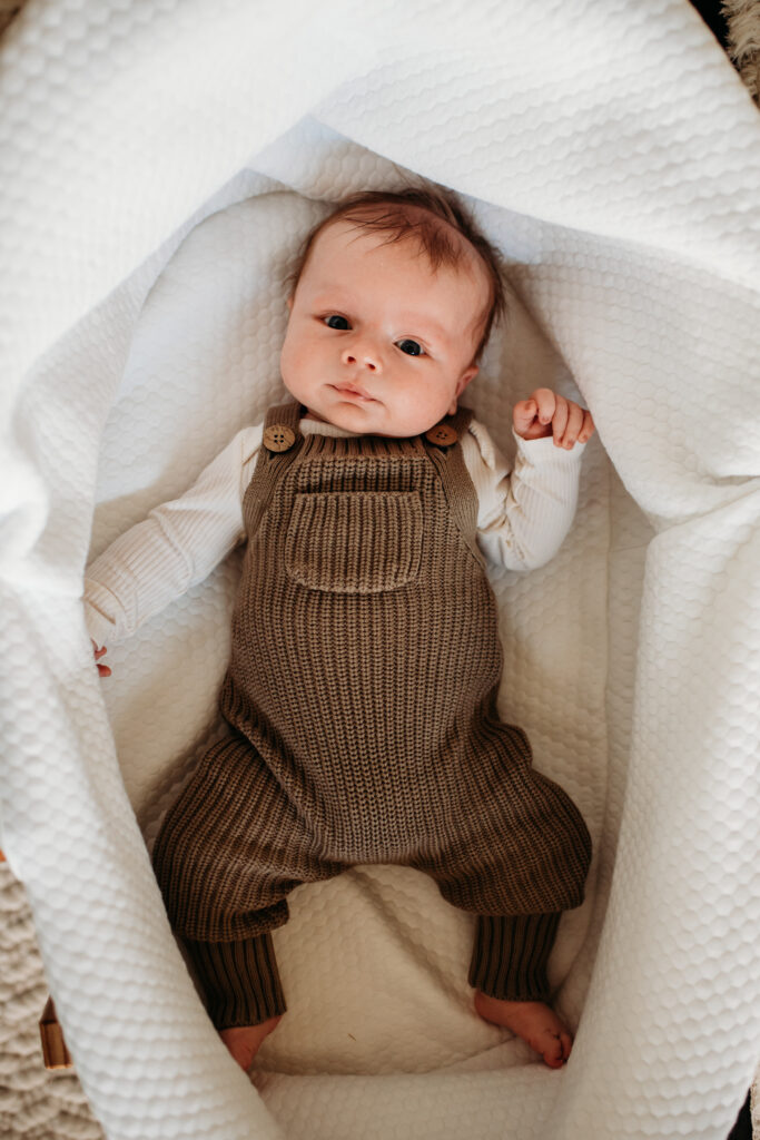 Baby boy in bassinet. Lifestyle newborn photo.