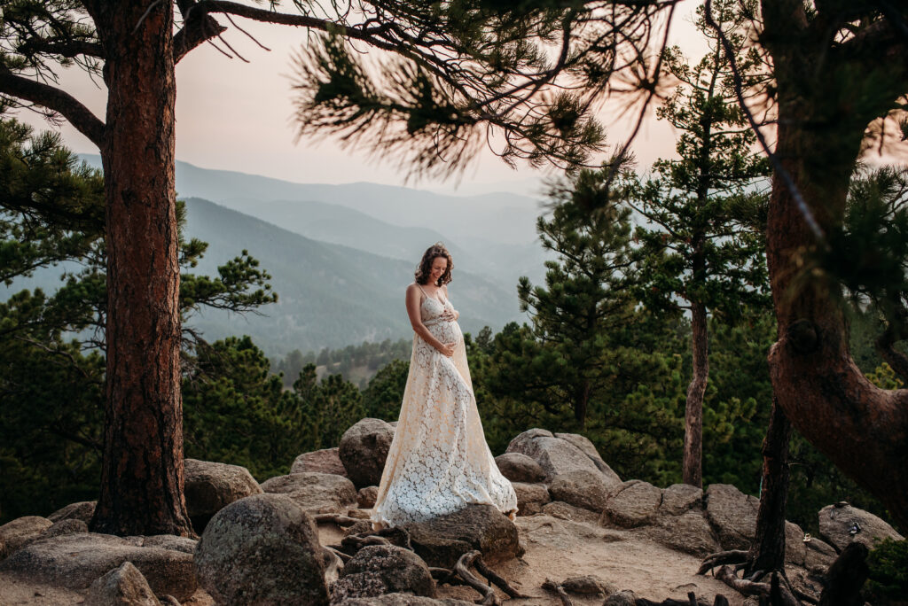 Foggy mountains and pines maternity photo Boulder CO