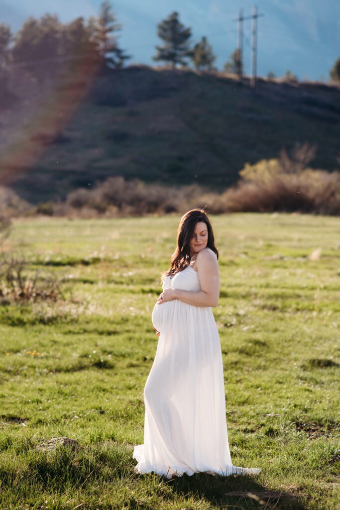 White dress maternity photography.