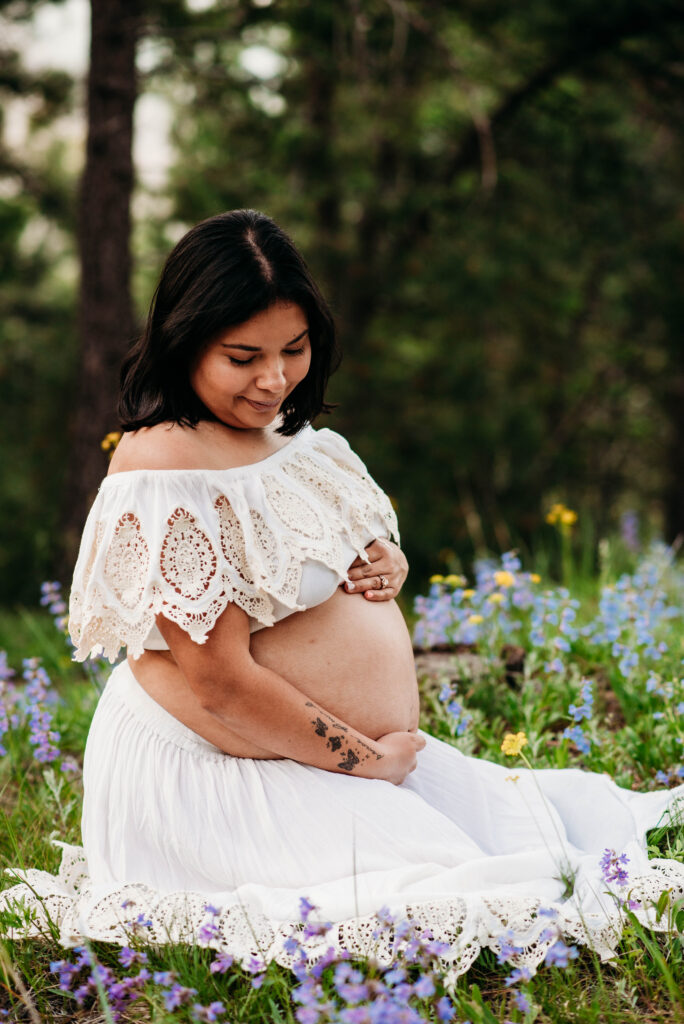Boho white maternity dress photos in Boulder CO