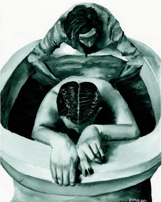 Watercolor version of image of dad giving wife hip squeeze in birth tub during a water birth in Thornton, CO