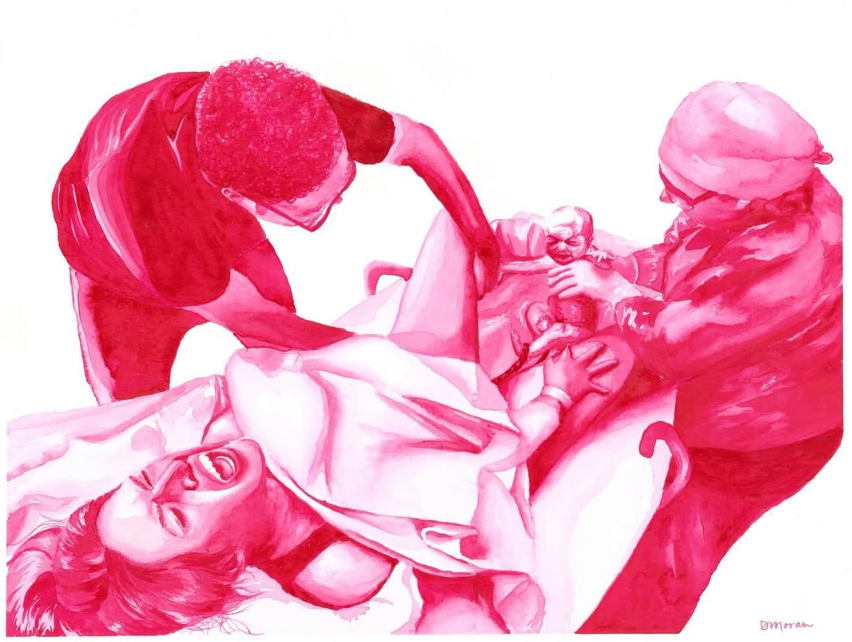 Watercolor version of a birth photo of mom roaring her baby out at Longs Peak hospital in Longmont CO